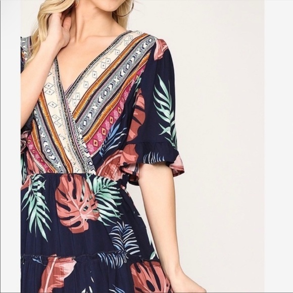 Flowy Boho Mixed Print Tiered Ruffled Dress - Picture 3 of 6